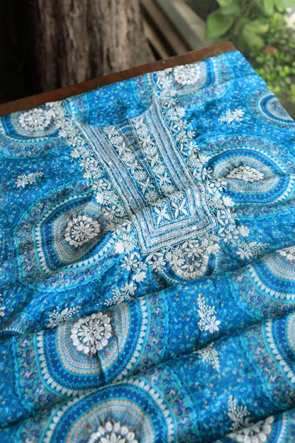Blue Multi Muslin Chikankari Kurta Fabric
