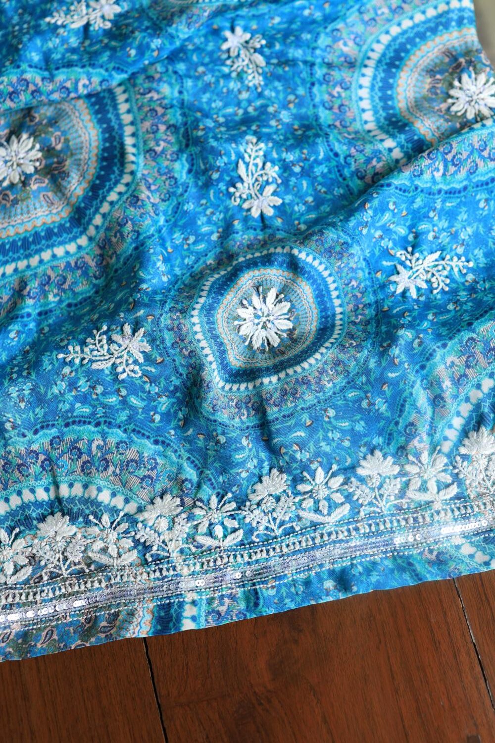 Blue Multi Muslin Chikankari Kurta Fabric