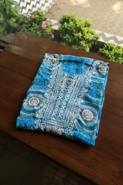Blue Multi Muslin Chikankari Kurta Fabric