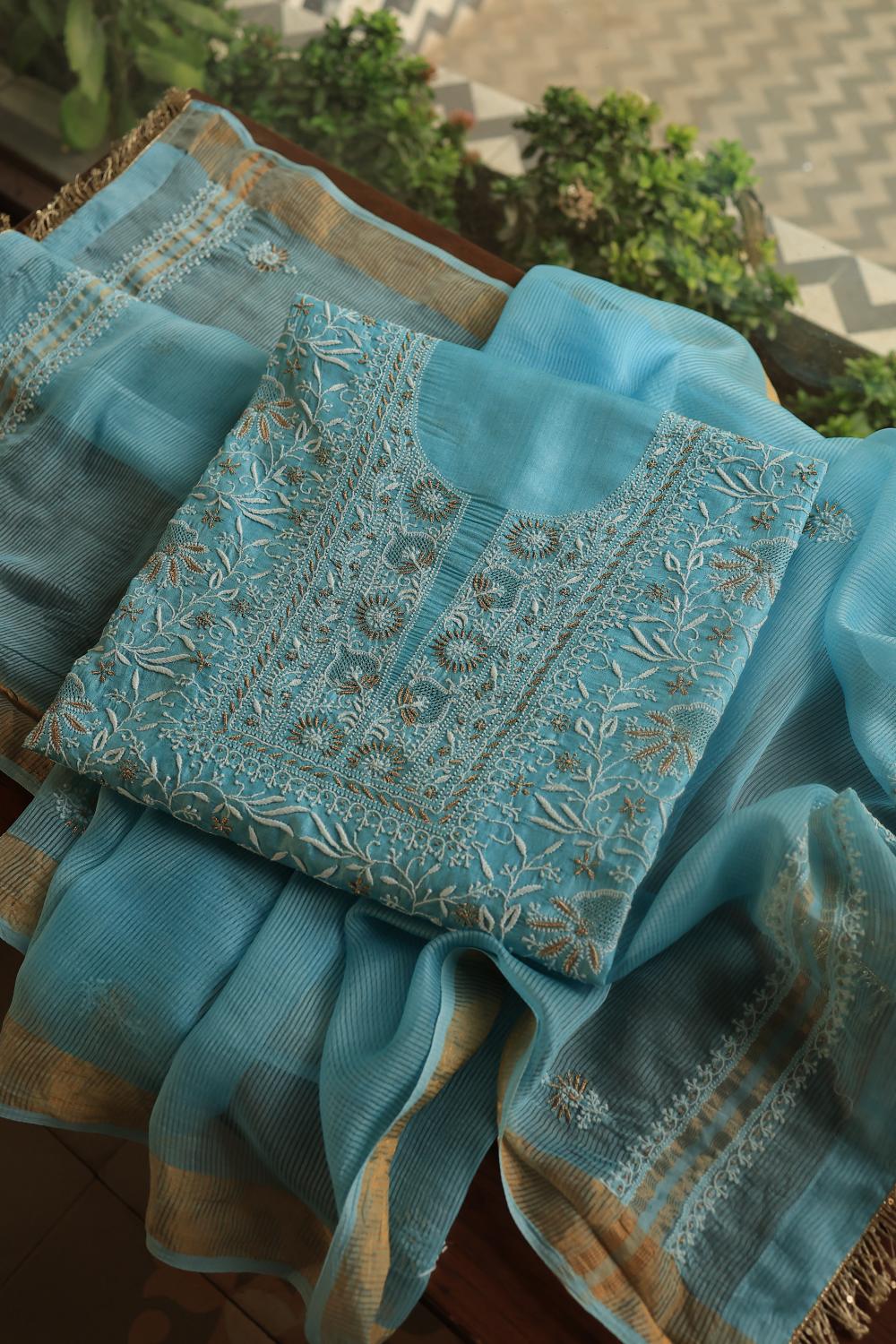 Blue Paper Tussar Resham Chikankari Unstitched Kurta Dupatta Set