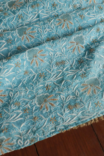 Blue Paper Tussar Resham Chikankari Unstitched Kurta Dupatta Set