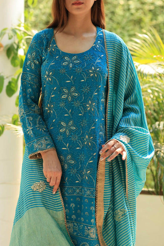 Blue Pure Georgette Chikankari Ari Work Sharara Set