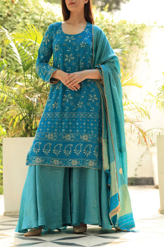 Blue Pure Georgette Chikankari Ari Work Sharara Set