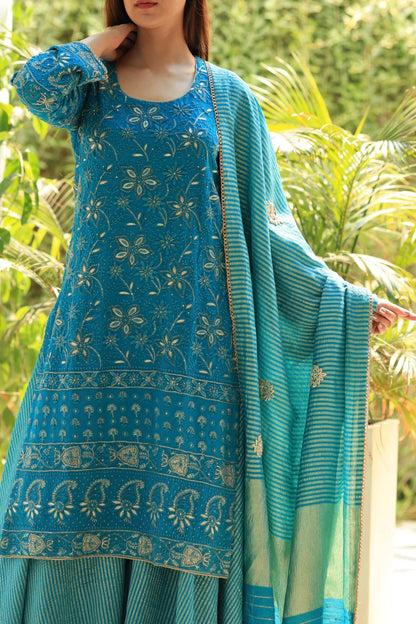 Blue Pure Georgette Chikankari Ari Work Sharara Set