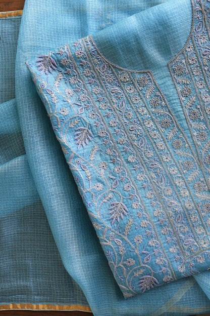 Blue Rasm Kota Tussar Chikankari Unstitched Chikankari Fabrics