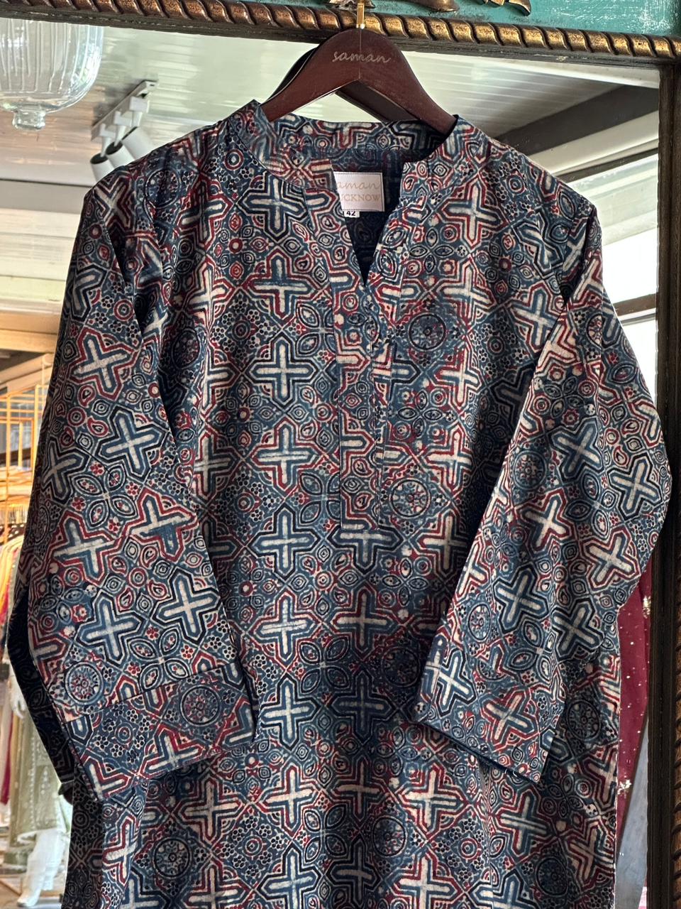 Blue Ajrak Multi Shade Cotton Short Kurta