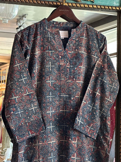 Blue Ajrak Multi Shade Cotton Short Kurta
