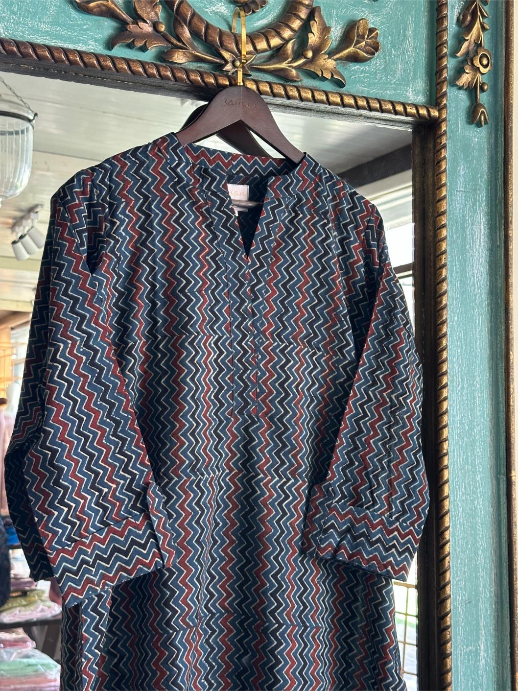 Blue Ajrak Multi Shade Cotton Short Kurta