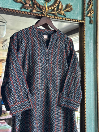 Blue Ajrak Multi Shade Cotton Short Kurta