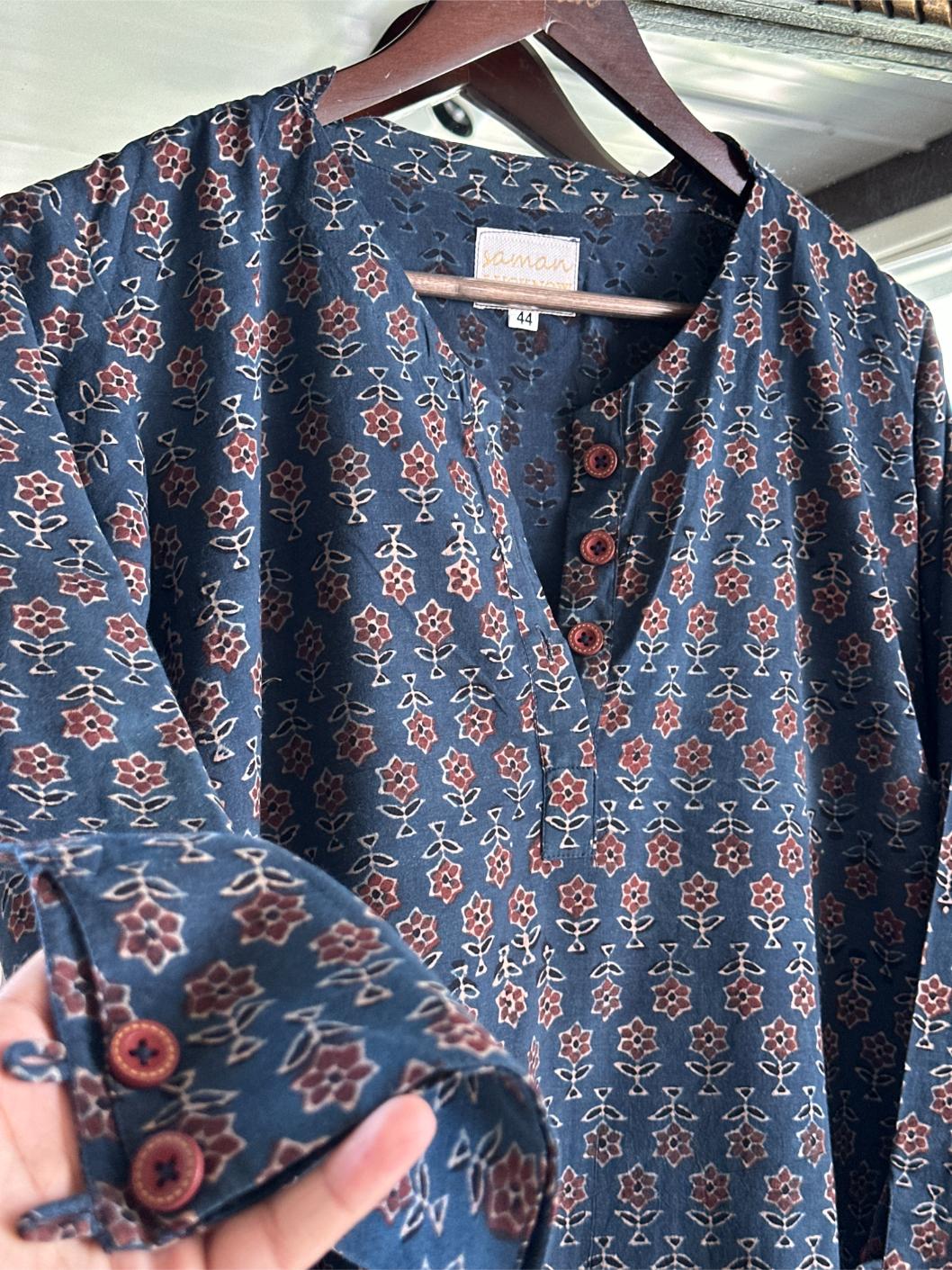 Blue Ajrak Multi Shade Cotton Short Kurta