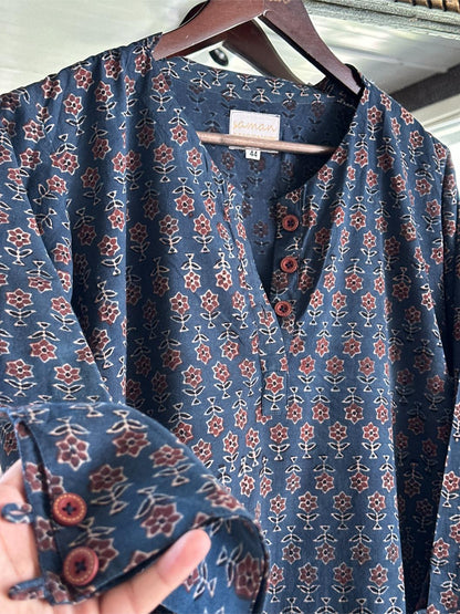 Blue Ajrak Multi Shade Cotton Short Kurta