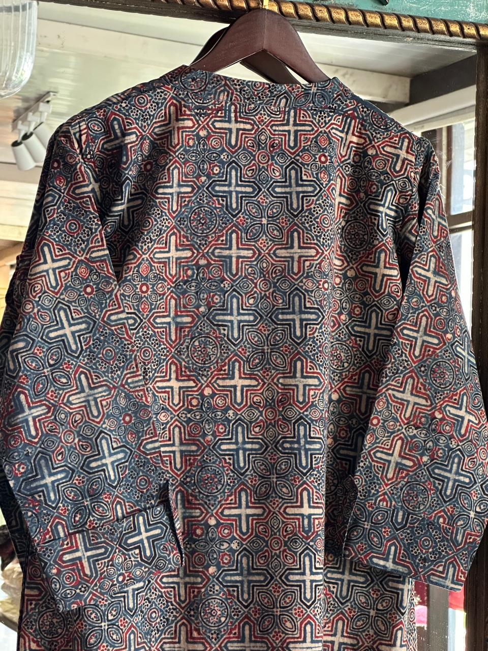 Blue Ajrak Multi Shade Cotton Short Kurta
