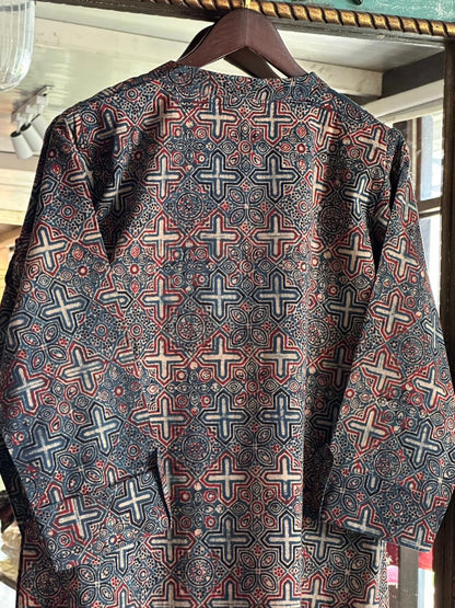 Blue Ajrak Multi Shade Cotton Short Kurta