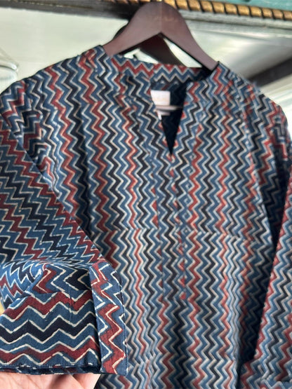 Blue Ajrak Multi Shade Cotton Short Kurta