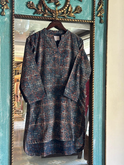 Blue Ajrak Multi Shade Cotton Short Kurta