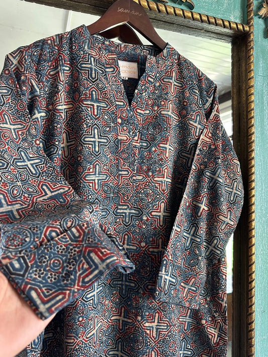 Blue Ajrak Multi Shade Cotton Short Kurta