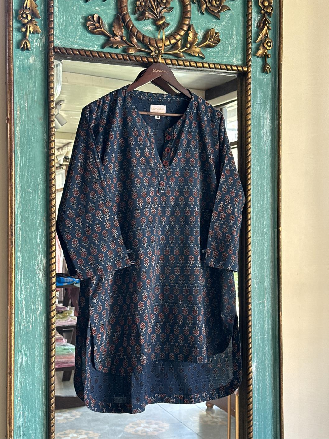 Blue Ajrak Multi Shade Cotton Short Kurta