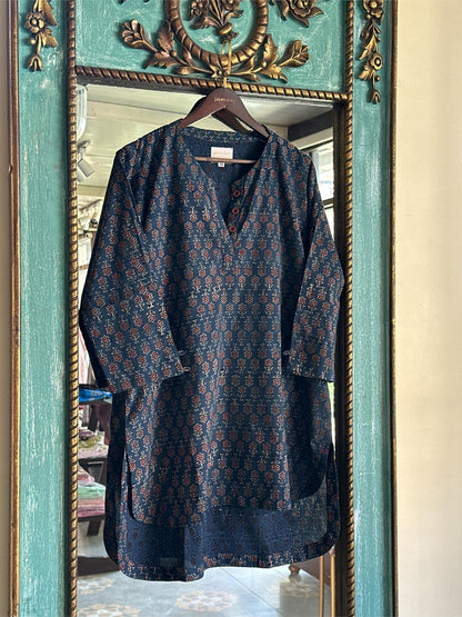 Blue Ajrak Multi Shade Cotton Short Kurta
