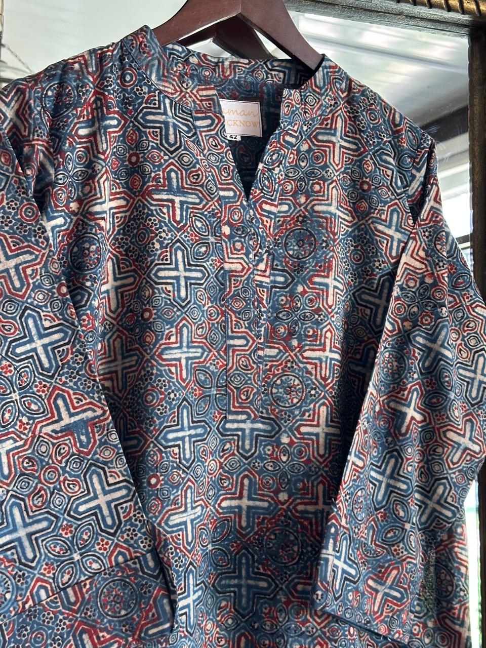 Blue Ajrak Multi Shade Cotton Short Kurta