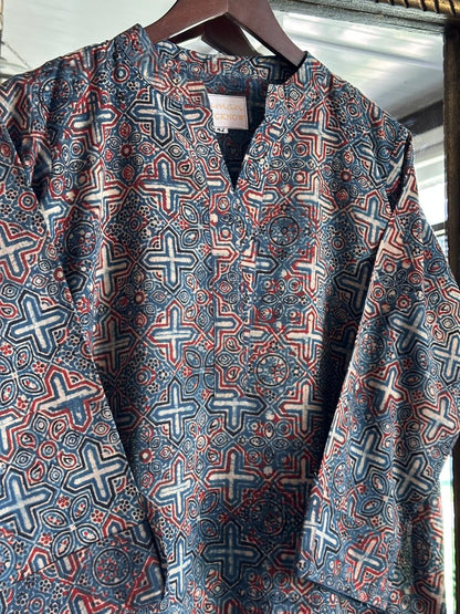 Blue Ajrak Multi Shade Cotton Short Kurta
