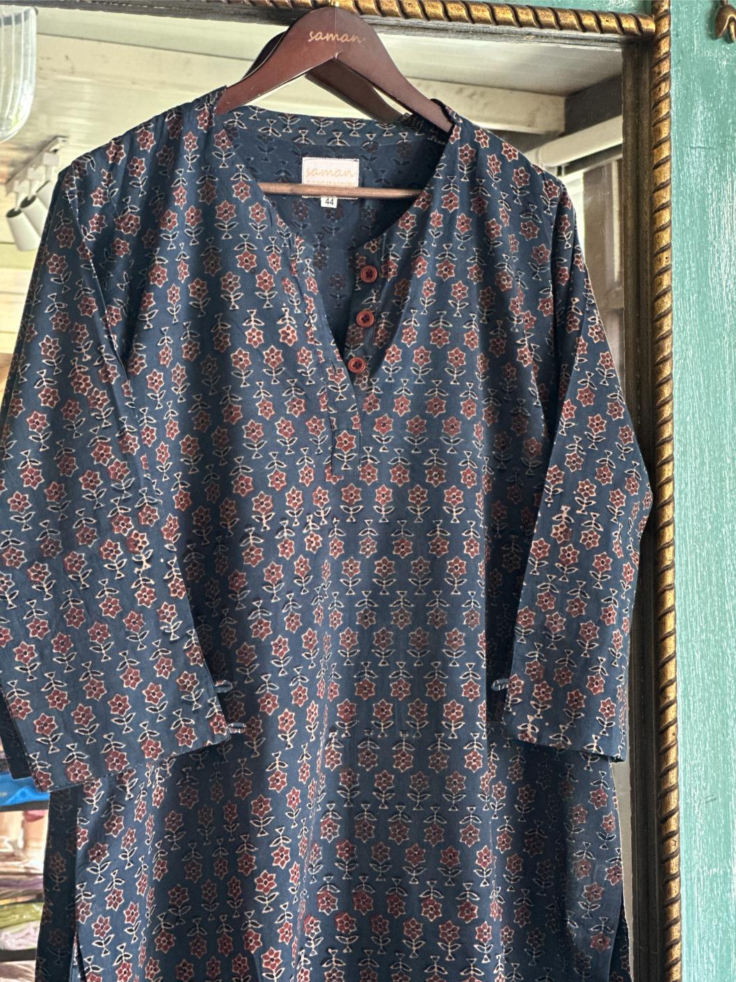Blue Ajrak Multi Shade Cotton Short Kurta
