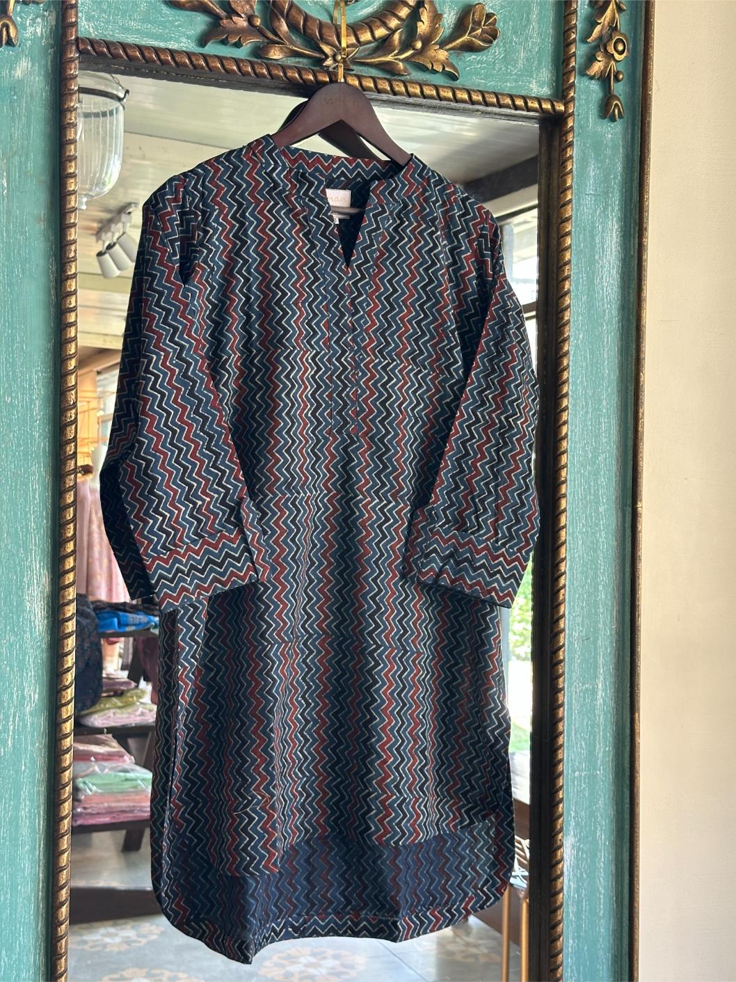 Blue Ajrak Multi Shade Cotton Short Kurta