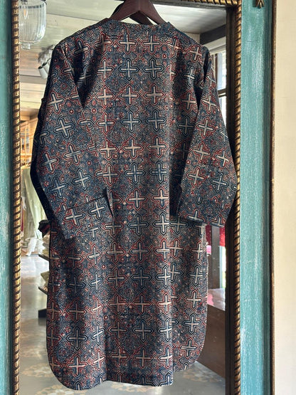Blue Ajrak Multi Shade Cotton Short Kurta