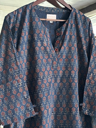 Blue Ajrak Multi Shade Cotton Short Kurta