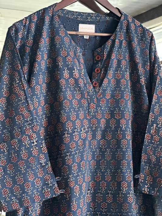 Blue Ajrak Multi Shade Cotton Short Kurta