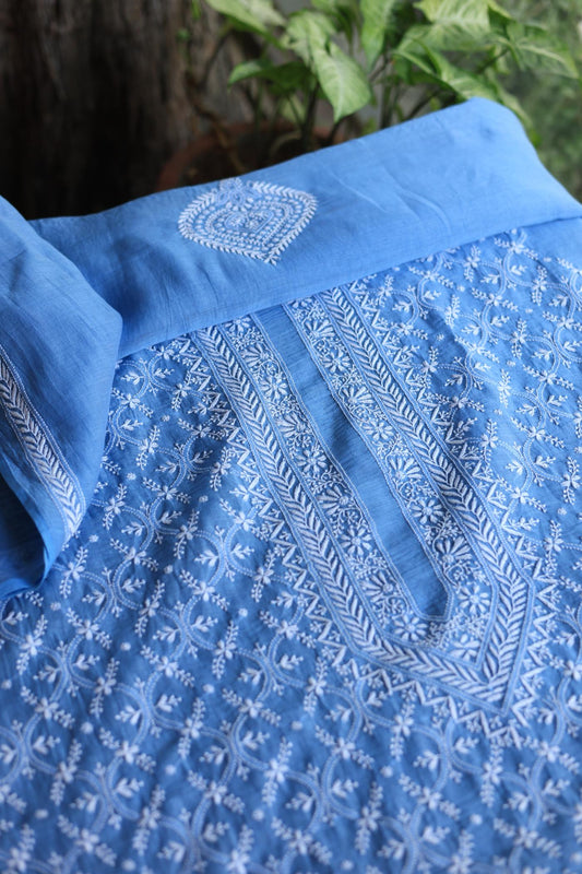 Blue All Over Chikankari Malmal Unstitched Men's Kurtas Fabric