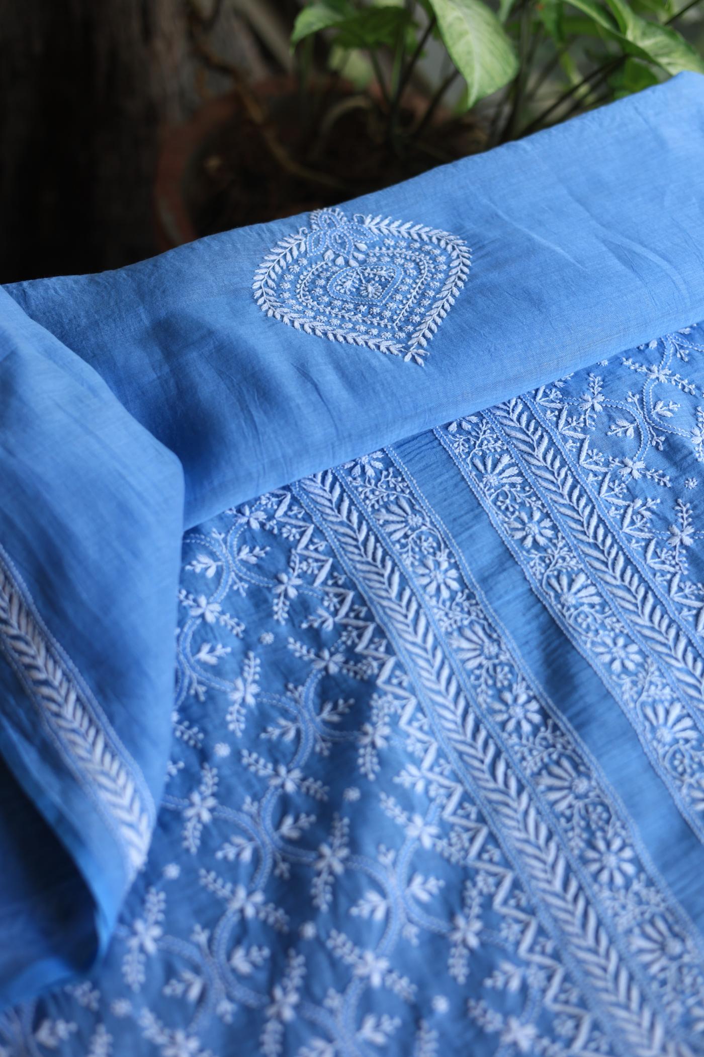 Blue All Over Chikankari Malmal Unstitched Men's Kurtas Fabric