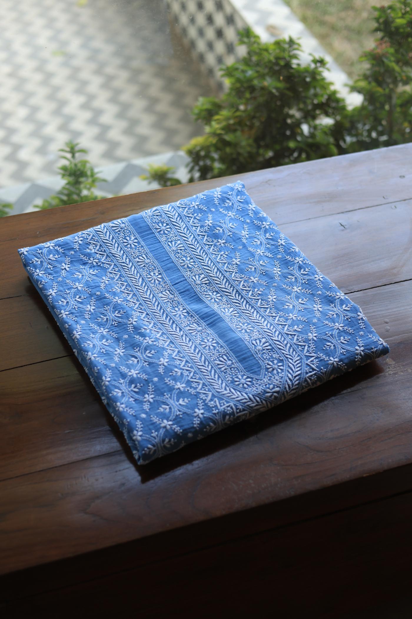 Blue All Over Chikankari Malmal Unstitched Men's Kurtas Fabric