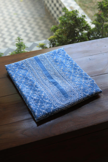 Blue All Over Chikankari Malmal Unstitched Men's Kurtas Fabric