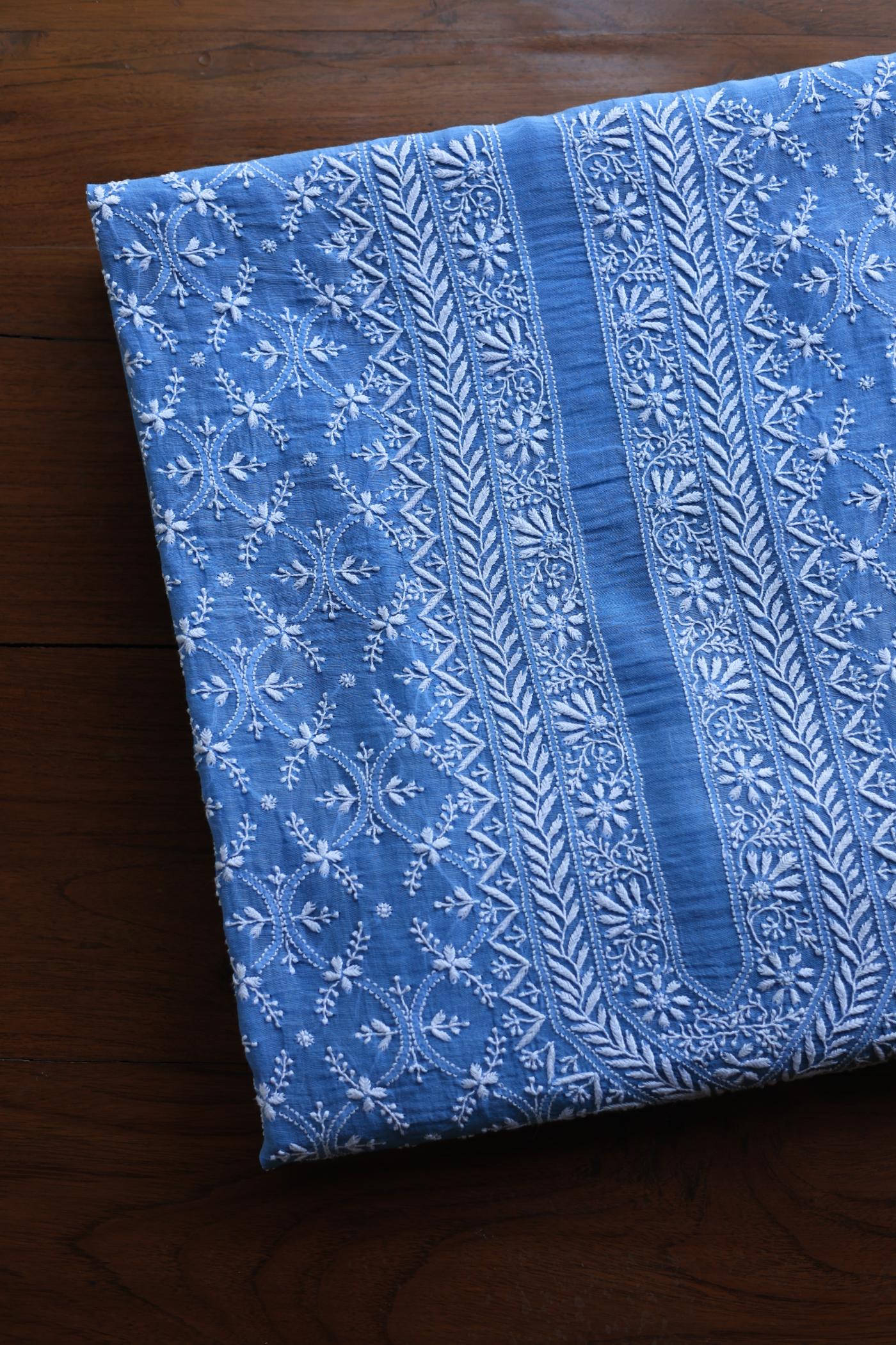 Blue All Over Chikankari Malmal Unstitched Men's Kurtas Fabric