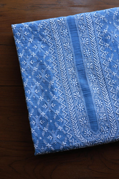 Blue All Over Chikankari Malmal Unstitched Men's Kurtas Fabric