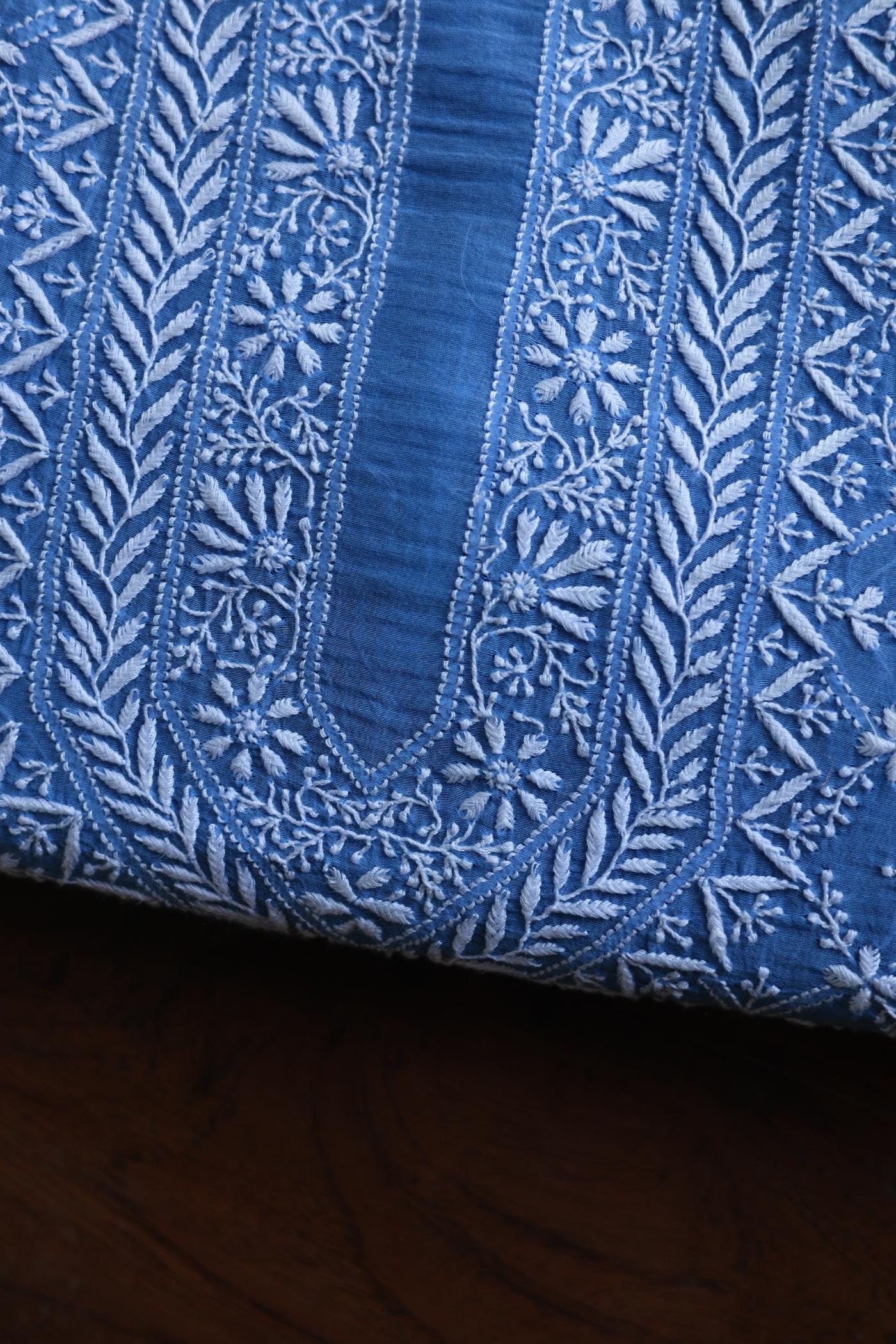 Blue All Over Chikankari Malmal Unstitched Men's Kurtas Fabric