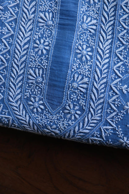 Blue All Over Chikankari Malmal Unstitched Men's Kurtas Fabric