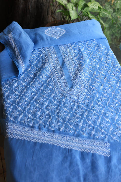 Blue All Over Chikankari Malmal Unstitched Men's Kurtas Fabric