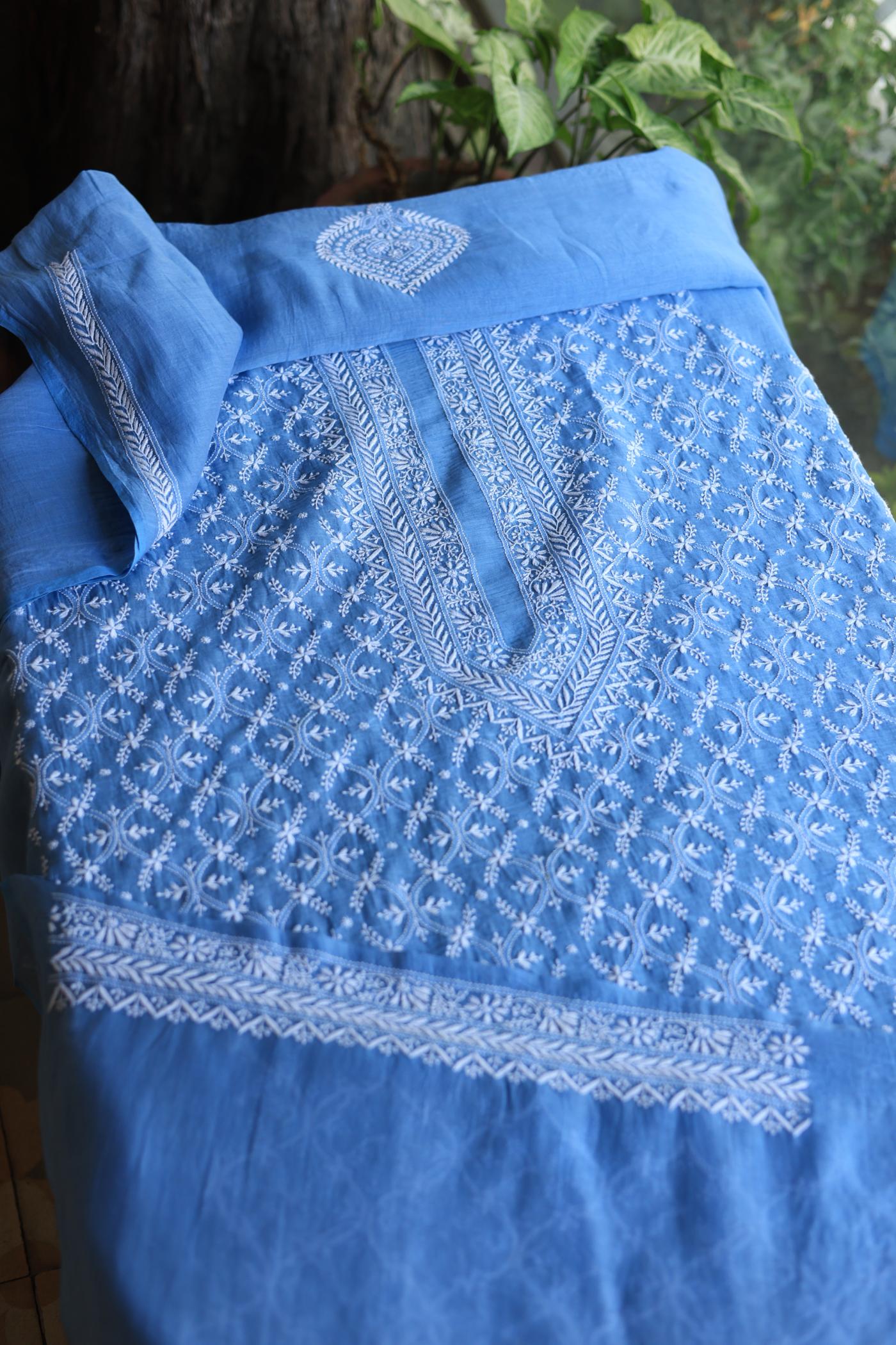 Blue All Over Chikankari Malmal Unstitched Men's Kurtas Fabric