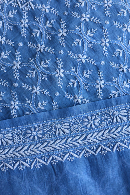 Blue All Over Chikankari Malmal Unstitched Men's Kurtas Fabric