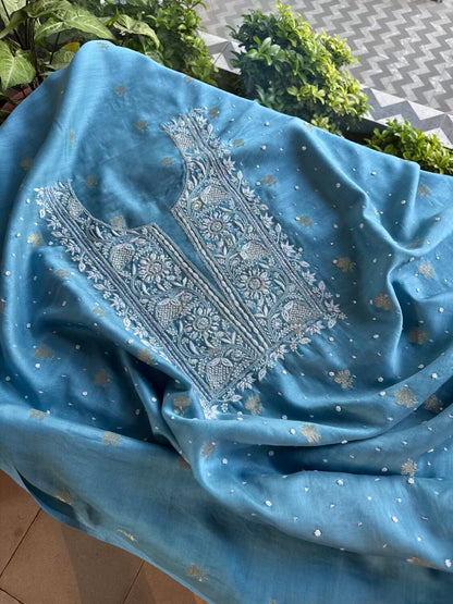 Blue Banarasi Zari Chanderi Chikankari Unstitched Kurta Dupatta Fabric Set