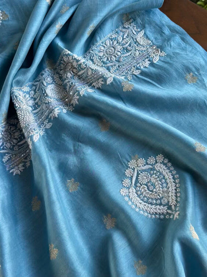 Blue Banarasi Zari Chanderi Chikankari Unstitched Kurta Dupatta Fabric Set