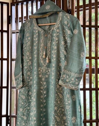 Blue Basak Chikankari Ready To Wear Kurta Dupatta Set