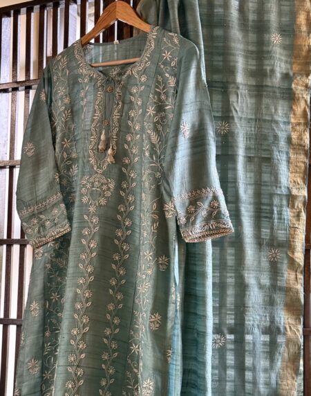 Blue Basak Chikankari Ready To Wear Kurta Dupatta Set