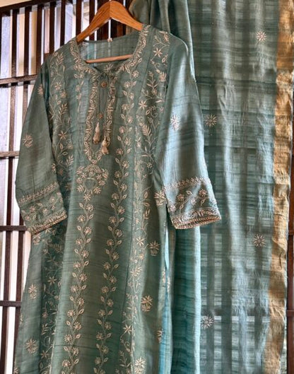 Blue Basak Chikankari Ready To Wear Kurta Dupatta Set