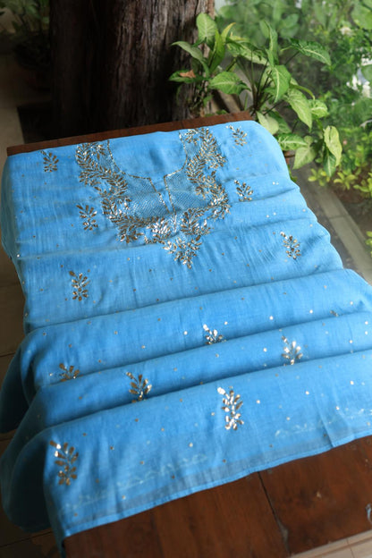 Blue Chanderi Silk Mukaish Badla Unstitched Fabrics