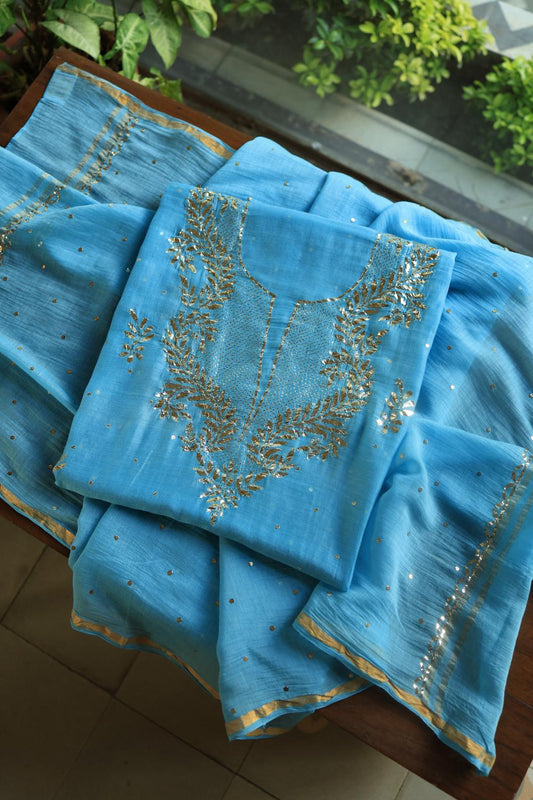 Blue Chanderi Silk Mukaish Badla Unstitched Fabrics