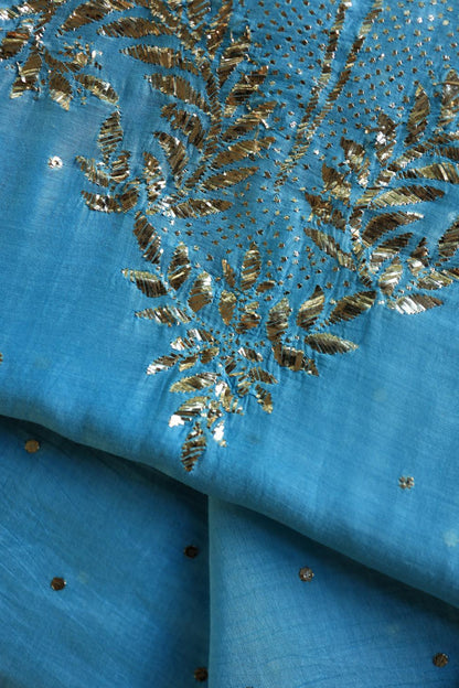 Blue Chanderi Silk Mukaish Badla Unstitched Fabrics