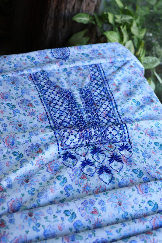 Blue Floral Cotton Kurta Fabric with Chikankari Embroidered Neckline