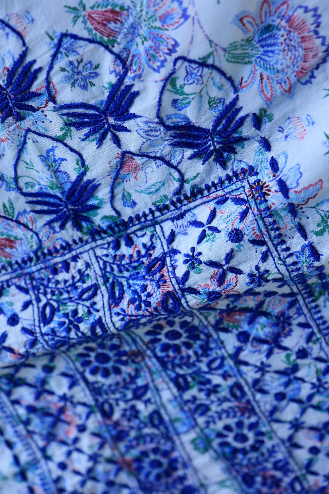 Blue Floral Cotton Kurta Fabric with Chikankari Embroidered Neckline